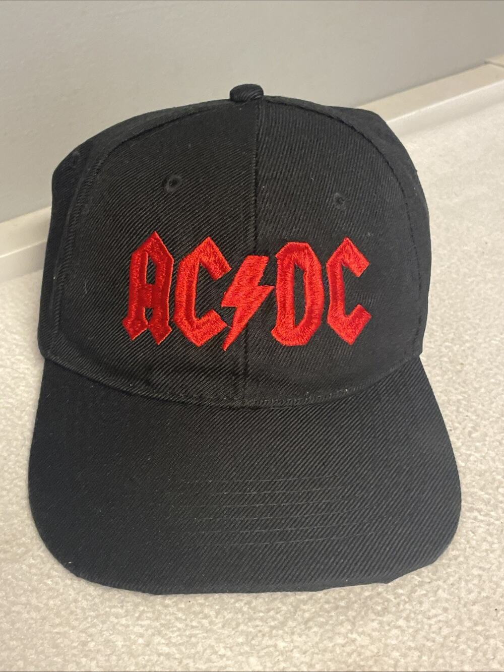 AC/DC Embroidered Red Logo Black Baseball Cap Hat Hook Loop Strapback